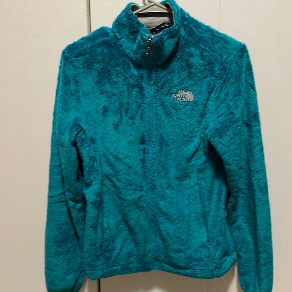 Fuzzy, North Face full zip jacket.  Teal color, size XS